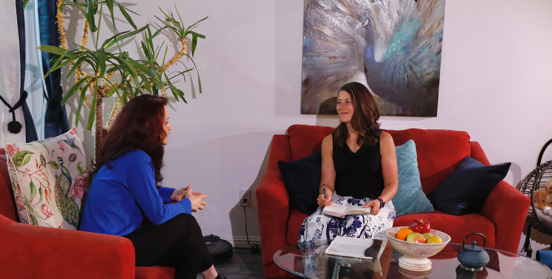 Lin consulting with a client on the couch